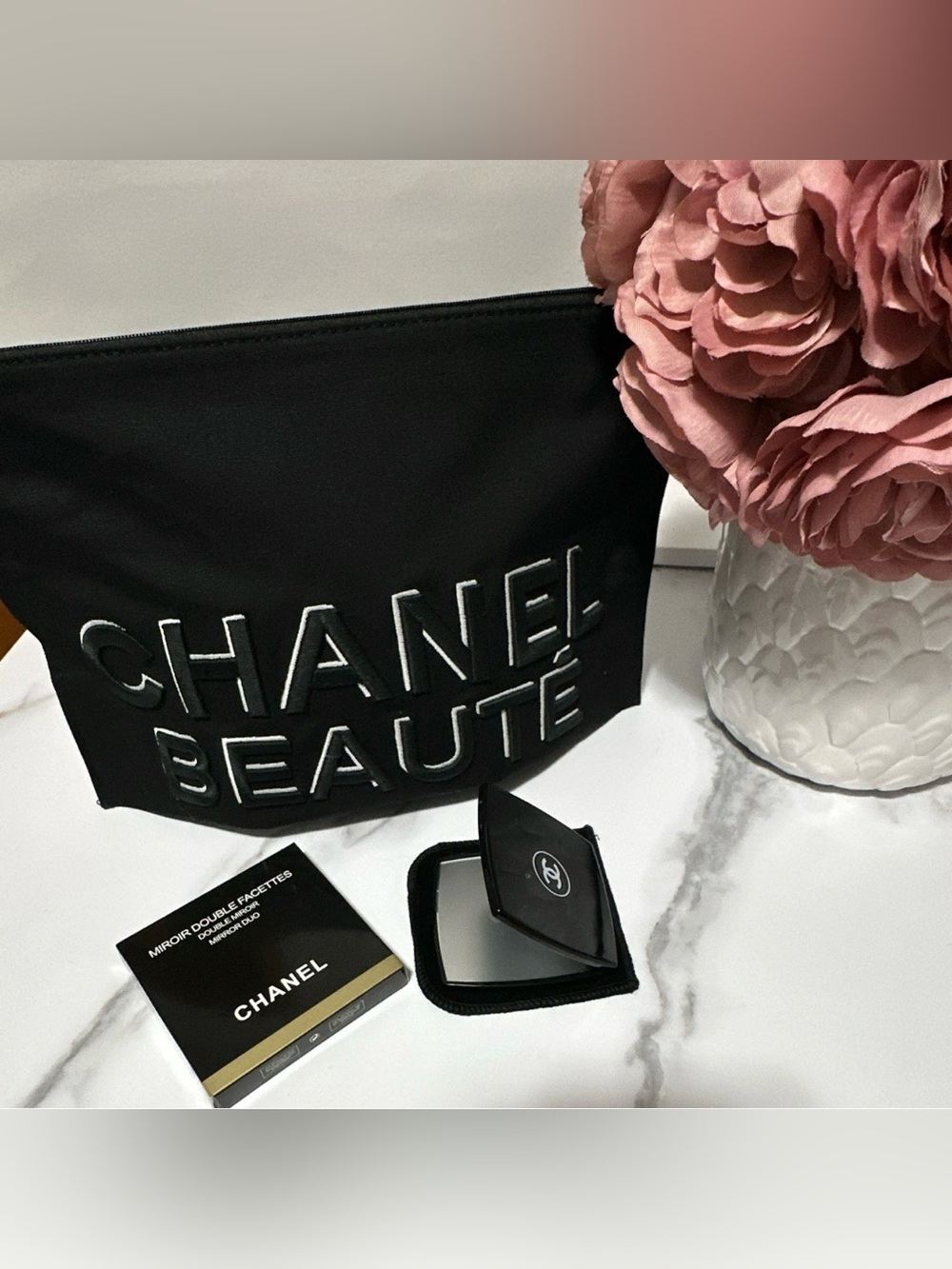 CHANEL Black Cosmetic Pouch with White Embossed 'CHANEL BEAUTE' & Bonus Mirror🖤🤩